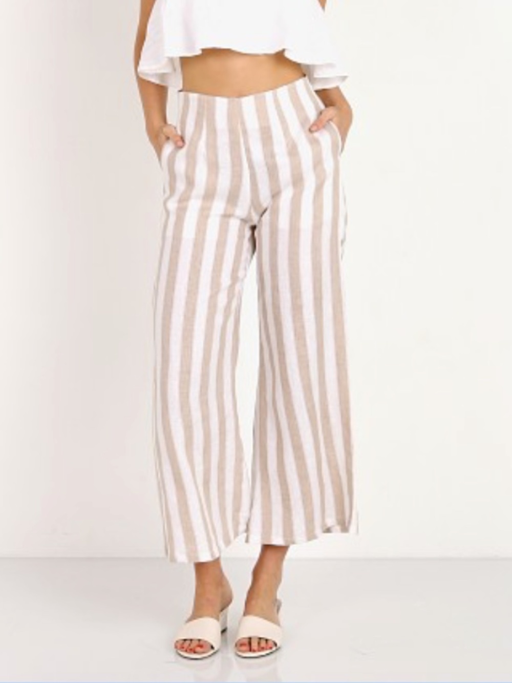 Faithfull the Brand Cream and Beige Striped Linen Blend Trousers size 4